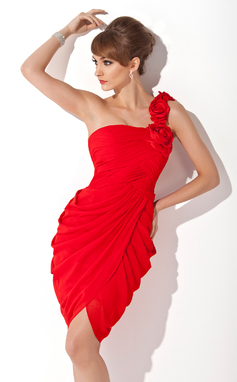 Gaine Une epaule Mi-longues mousseline de soie Robe de Cocktail avec Ondulé Fleurs (016005265)