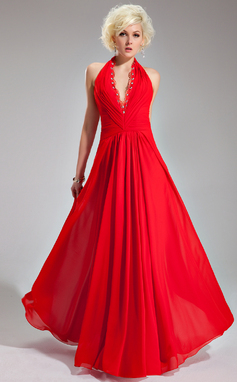 A-Lijn/Prinses Halster thee-lengte Chiffon Avondjurk met Roes Kant Kralen (017019761)